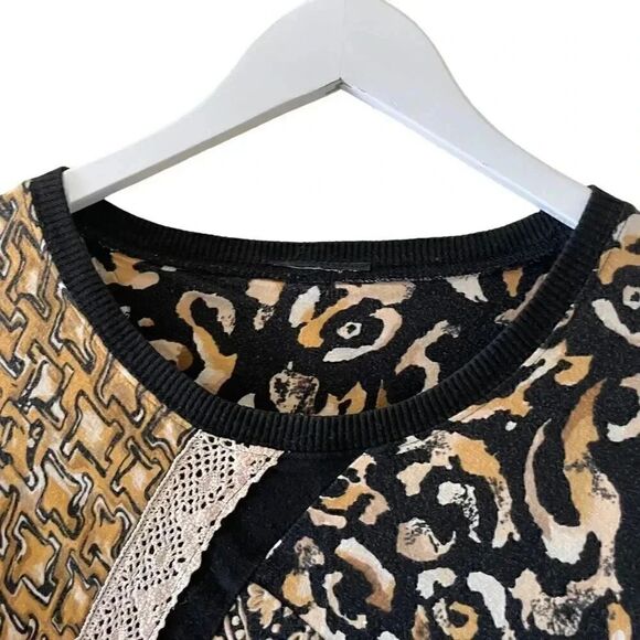 Womens’ Multicolor Black Brown Lace Oversized Boxy Lagenlook Blouse SZ 1X - Picture 2 of 9